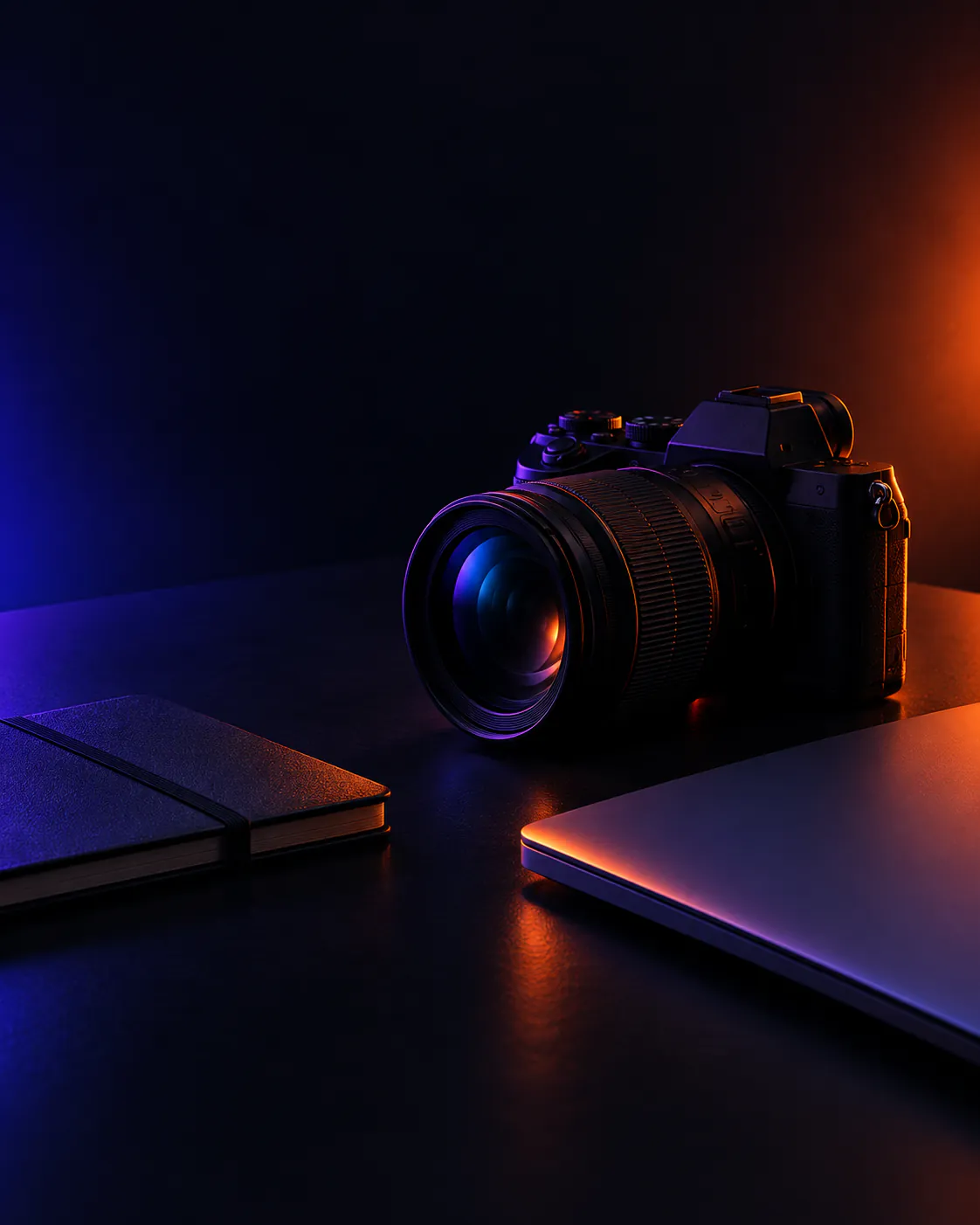 Camera, notebook and laptop on a dark desk