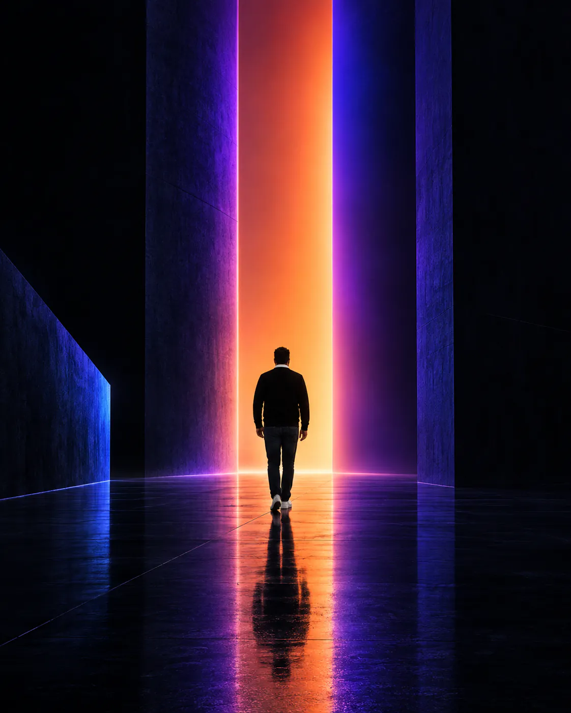 Person walking down a dark corridor towards a bright orange light
