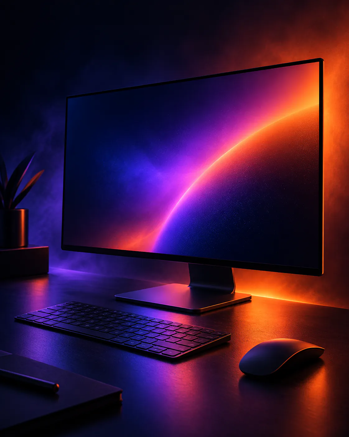 Desk with a monitor, keyboard and mouse lit in blue and orange