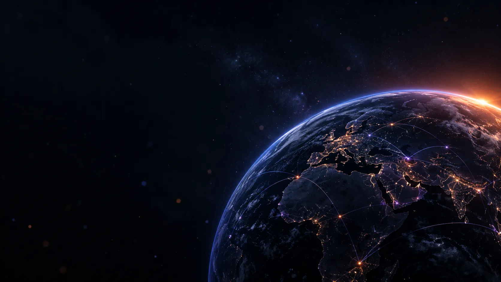 Earth at night with glowing connections between cities