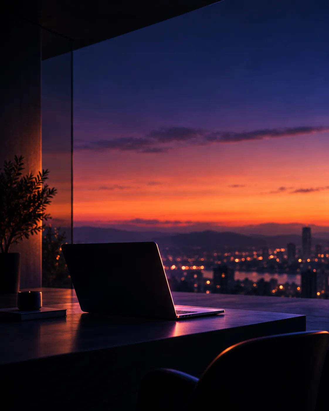 Laptop on a desk in front of a window with a city at sunset