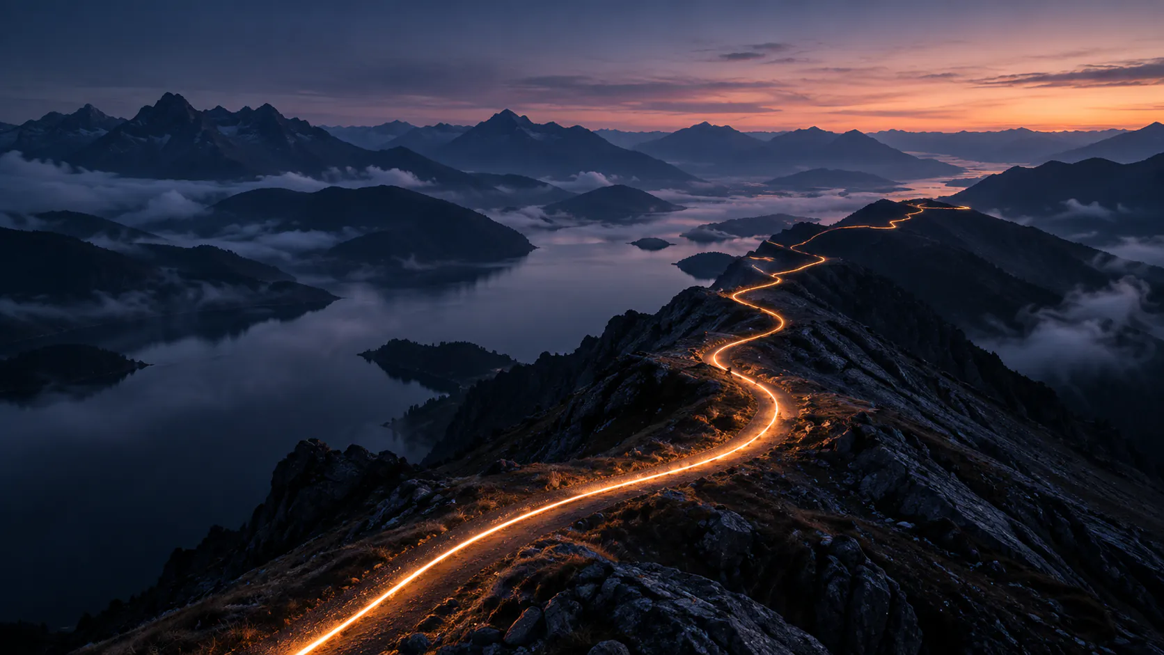 Illuminated road winding through mountains at dusk