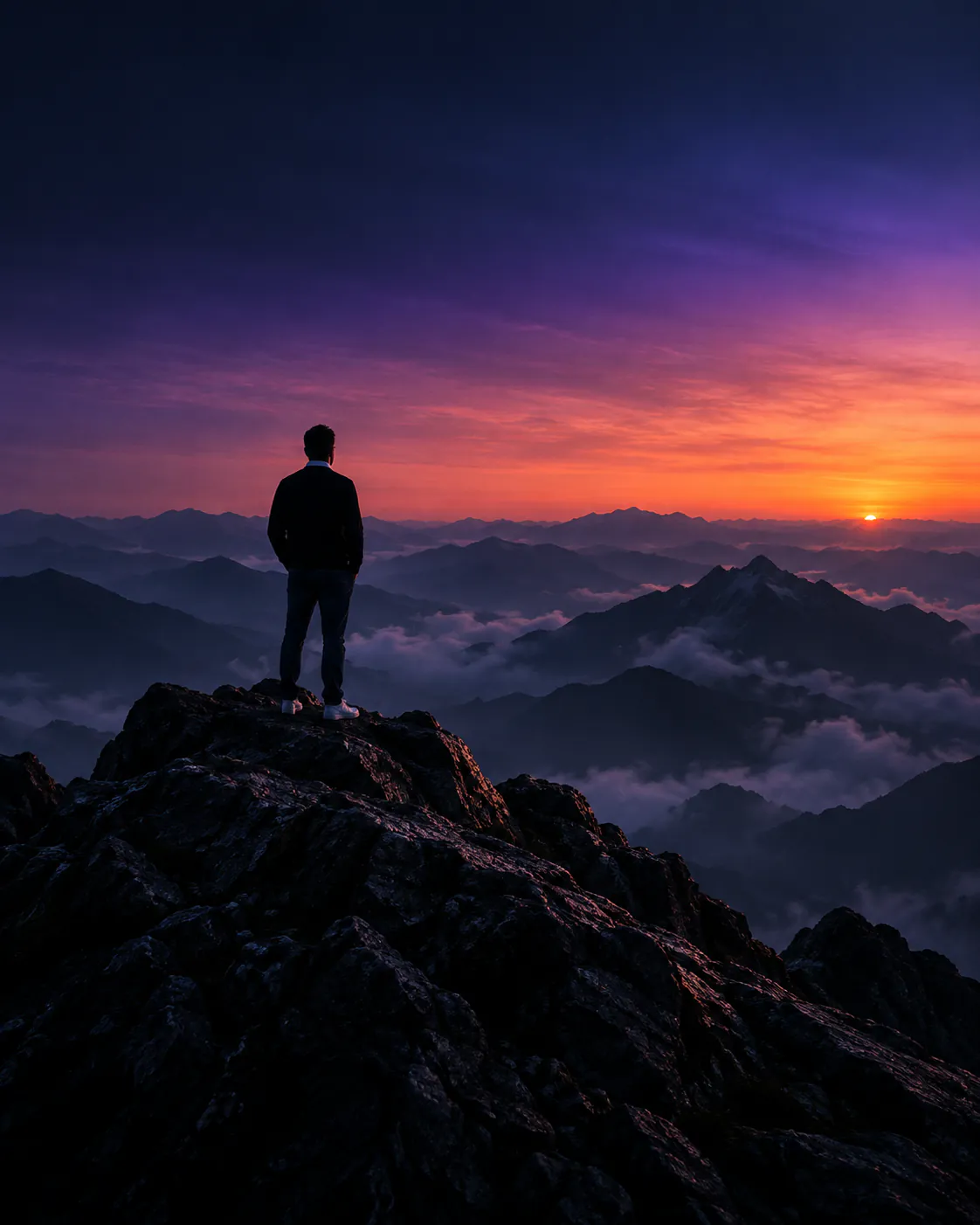 Person standing on a mountain summit above the clouds at sunset
