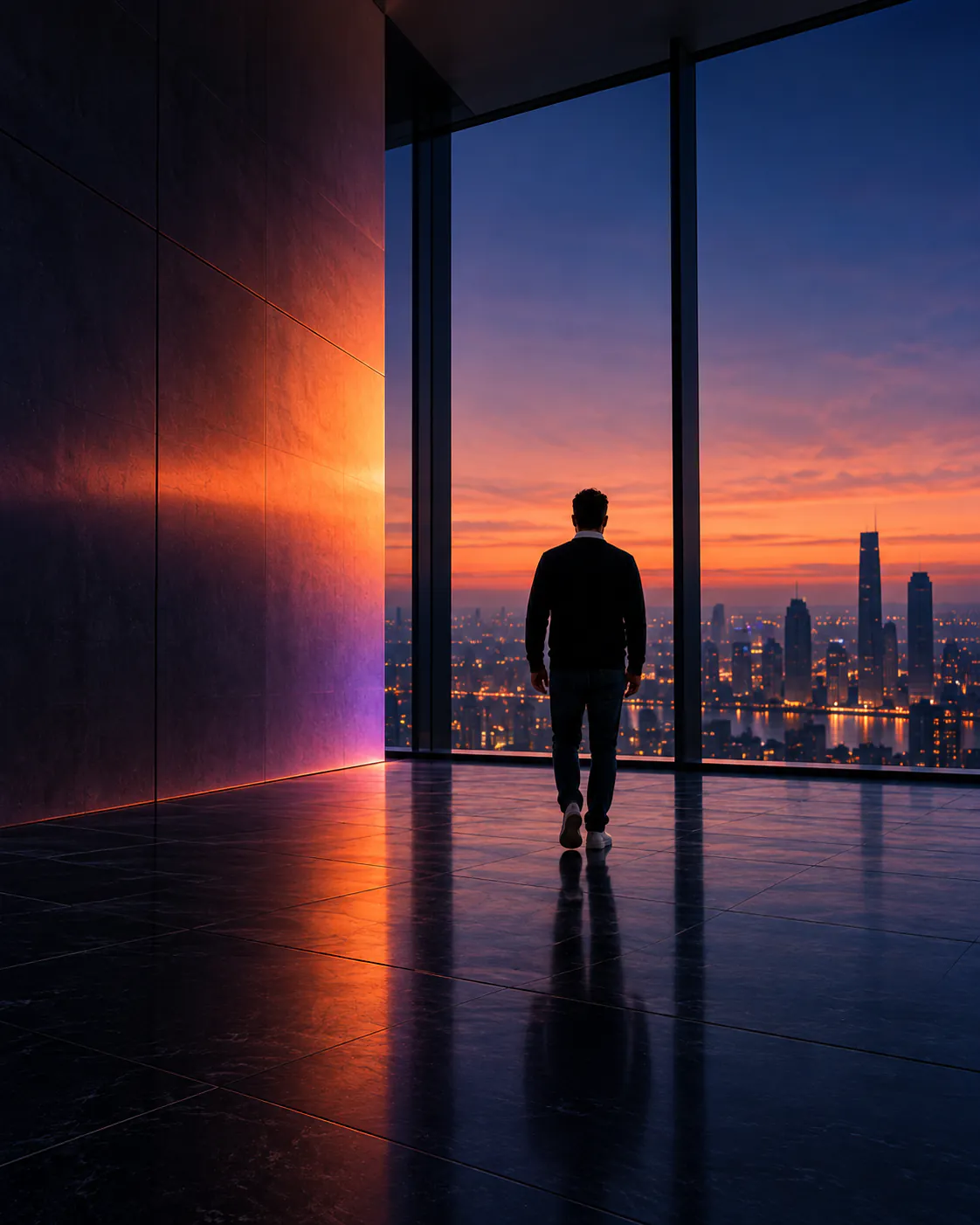 Person in a dark office looking out over a city skyline at sunset
